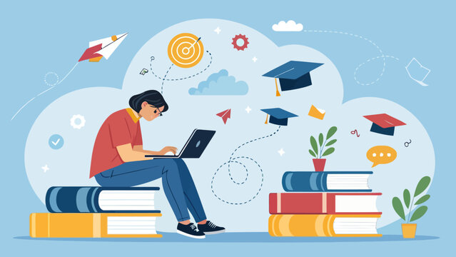 Young student learning online with laptop on stack of books