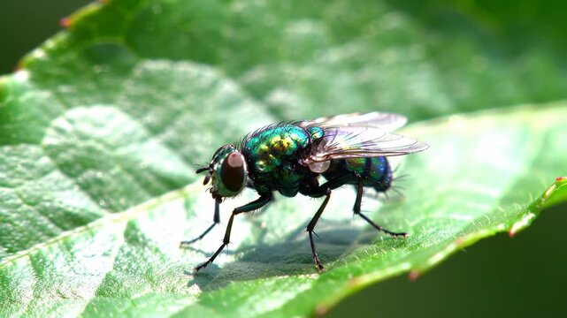 A close-up shot of a metallic green fly rests on a vibrant green leaf. Its iridescent body catches the sunlight