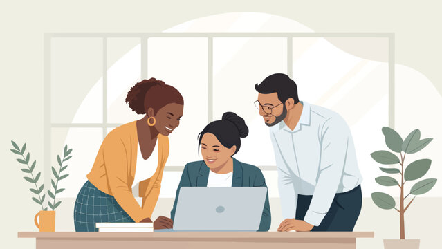 Diverse team collaborating on laptop in modern office setting