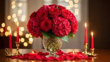 Romantic centerpiece of deep red roses and hydrangeas in a crystal vase surrounded by burning red taper candles and scattered rose petals, soft bokeh background lights