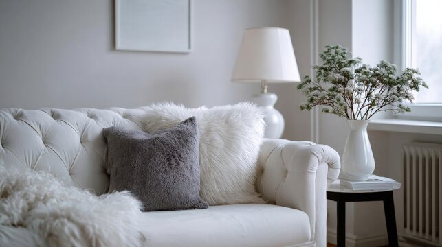 Living room with a white sofa in the center. the sofa has a tufted backrest and is covered in fluffy white fur.