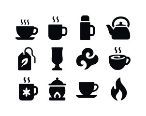 Hot Beverages Icons. Hot Beverages. Solid icon set of Hot Beverages: tea cup, cocoa mug, thermos, kettle, herbal tea bag, latte glass, steam cloud, hot