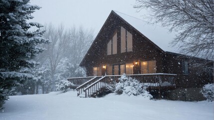 Large wooden cabin in the middle of a snowy forest. the cabin has a triangular roof and large windows that let in natural light.