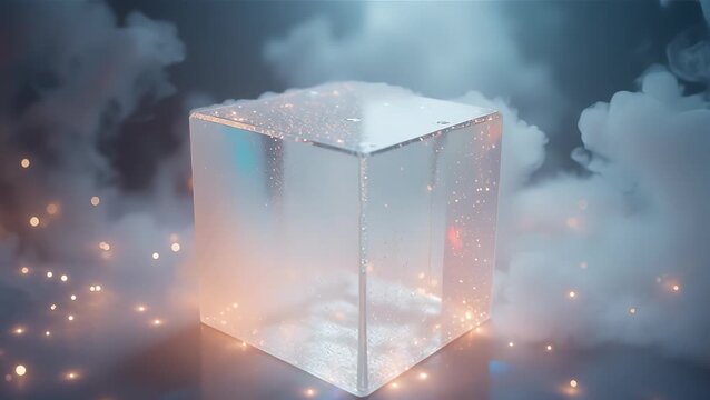 Transparent Cube Surrounded by Mist and Lights in a Dreamlike Atmosphere