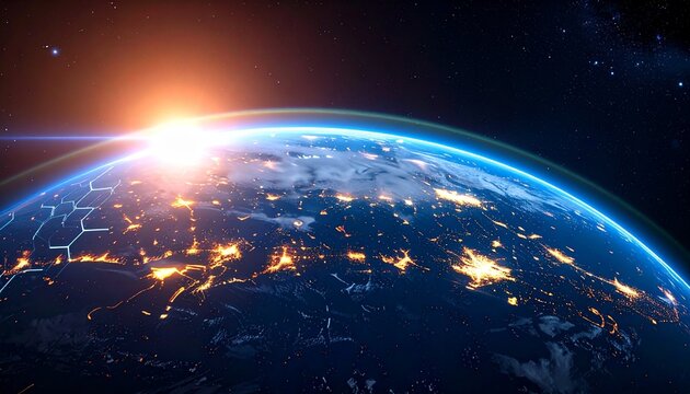 Digitally rendered Earth with hexagonal grid overlay, glowing orange urban lights and blue tech flares on dark space backdrop. - Powered by Adobe