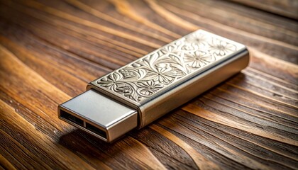 Ornate metallic USB flash drive with embossed floral patterns on wooden surface, elegant and artistic tech design.