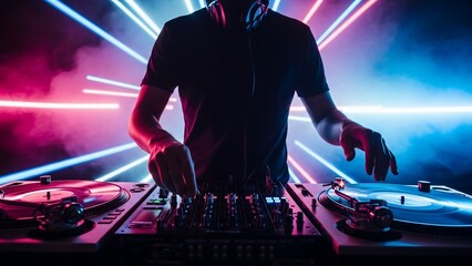 DJ performing at a vibrant nightclub with neon lights and smoke.