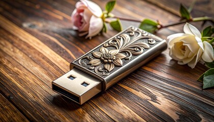 Ornate metallic USB flash drive with embossed floral patterns on wooden surface, elegant and artistic tech design.
