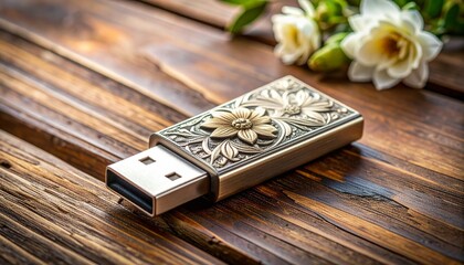 Ornate metallic USB flash drive with embossed floral patterns on wooden surface, elegant and artistic tech design.