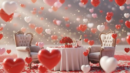 Romantic valentines day dinner setup with two ornate chairs and falling heart balloons in soft light