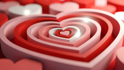 Concentric hearts in shades of red and pink creating a 3d tunnel effect for valentines day romance and love concept