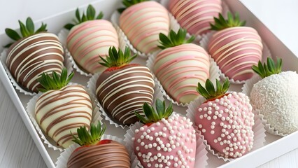 Delicious chocolate covered strawberries arranged beautifully in a white gift box