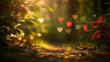 Magical forest path with heart bokeh lights at sunset, romantic nature scene with soft focus and warm sunlight filtering through lush green foliage