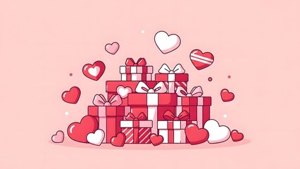Pile of red and white gift boxes with hearts for valentines day celebration