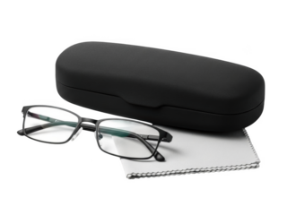 Png isolated transparent background Black eyeglasses with case and cleaning cloth on black background