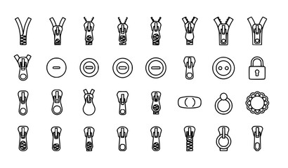 32 zipper puller and lock vector icons set for web and app, simple outline illustration © MDFiroj