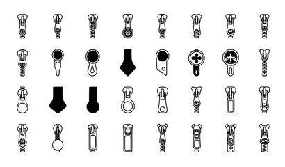 Flat zipper puller and button lock vector icon set, 32 simple web and print illustrations © MDFiroj