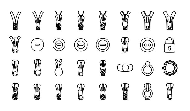 32 zipper puller and lock vector icons set for web and app, simple outline illustration