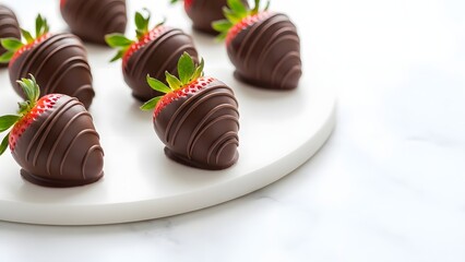 Delicious chocolate covered strawberries arranged beautifully on a white marble plate