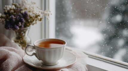 Cup of tea on a windowsill. the cup is white with a saucer and is placed on a pink knitted blanket. next to the cup, there is a small vase with purple and white flowers.