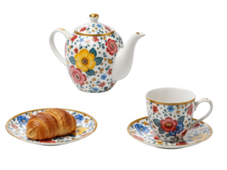 Png isolated transparent background White teapot cup and saucer with floral pattern and croissant on plate