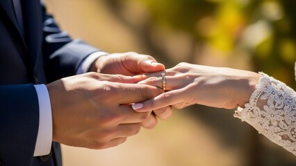 Groom places wedding ring on brides finger during outdoor ceremony.