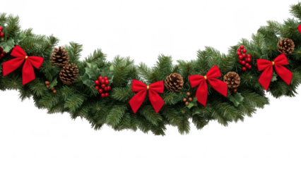 Christmas wreath decorated with red ribbons pinecones and berries on a green garland isolated on transparent background