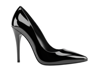 Png transparent background Black patent leather stiletto high heel shoe isolated on black background