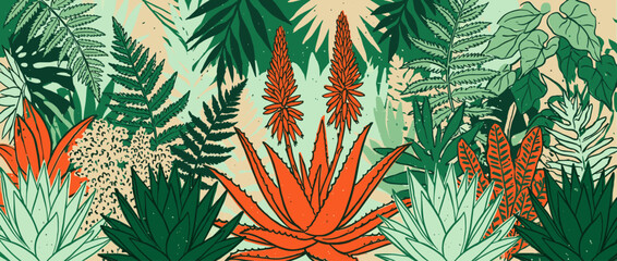 Naklejka premium Stylized botanical illustration of a lush jungle with vibrant orange blooming aloe vera, green ferns, and various tropical leaves in a dense, decorative, hand-drawn panoramic design