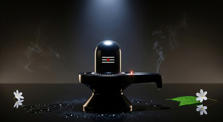 Shiva Lingam with Flowers and Smoke on Dark Surface stone pedestal