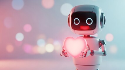 Cute robot holding glowing heart in modern tech setting