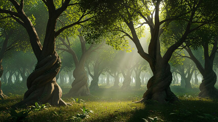 Misty Forest Landscape with Ancient Trees.