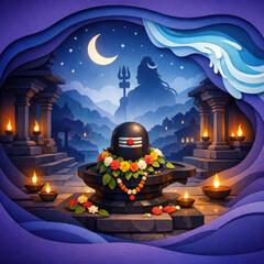 Shiva lingam adorned with flowers and surrounded by temples and lamps Hindu deity