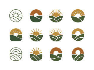 May Morning Logo Variations. May morning in the countryside. Icon set. Set Logo of May morning in the countryside: sunrise over rolling hills. harmonious logo