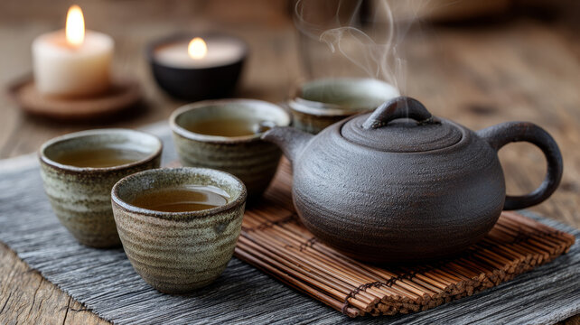 Steaming teapot with cups on a bamboo mat, cozy ambiance. - Powered by Adobe
