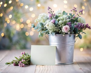 Floral wedding, birthday mockup. Blank textured paper business card, invitation. Limonium flowers and eucalyptus tree branches bouquet in metal bucket. Blurred background, floristry concept. Top