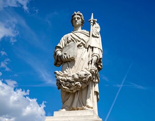 Fototapeta premium Marble statue of a robed figure holding book and staff, wreath around shoulders, sky background