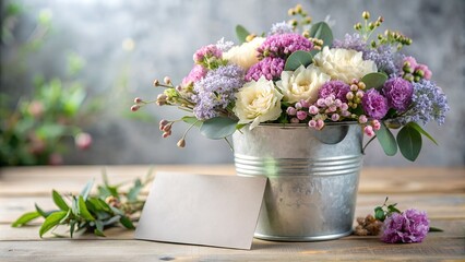 Floral wedding, birthday mockup. Blank textured paper business card, invitation. Limonium flowers and eucalyptus tree branches bouquet in metal bucket. Blurred background, floristry concept. Top