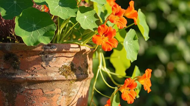 Vibrant bright orange nasturtium flowers trailing from a terracotta pot in a sunlit garden setting