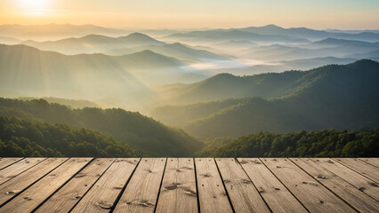 Serene Mountain Landscape with Wooden Platform.