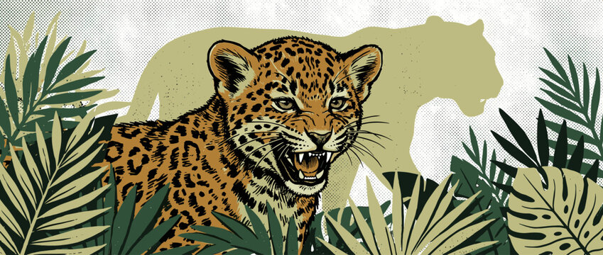 Fierce leopard cub with spotted fur snarls aggressively among tropical jungle leaves in a pop art style illustration with a halftone texture and a silhouette of an adult cat