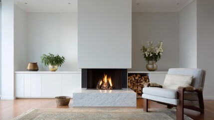 Modern living room with a fireplace. the fireplace is in the center of the room and has a white marble mantel with a fire burning inside.