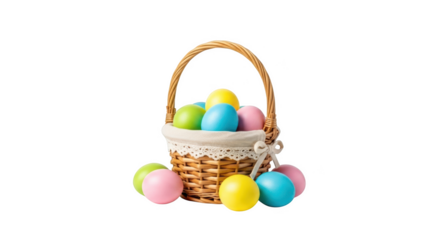 Wicker basket overflowing with colorful Easter eggs on png isolated transparent background black background