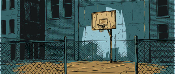 Obraz premium Solitary, worn-out basketball hoop on an empty city court is highlighted by a dramatic beam of light in this moody, graphic novel style illustration