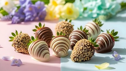 Delicious chocolate covered strawberries with vibrant flowers on a pastel background