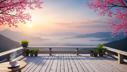 Serene Wooden Deck with Pink Blossoms at Sunset.