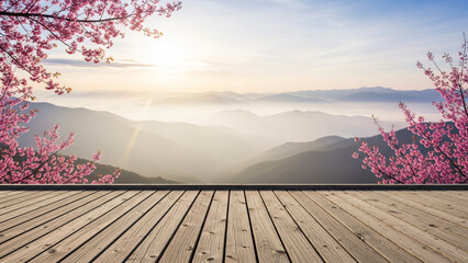 Serene Wooden Deck with Pink Blossoms and Mountains.