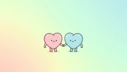 Cute heart characters holding hands in pastel colors together