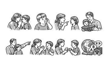Illustrations of family learning activities in a vintage style