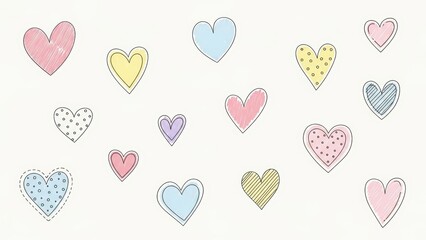 Colorful hand drawn hearts in various pastel shades and patterns